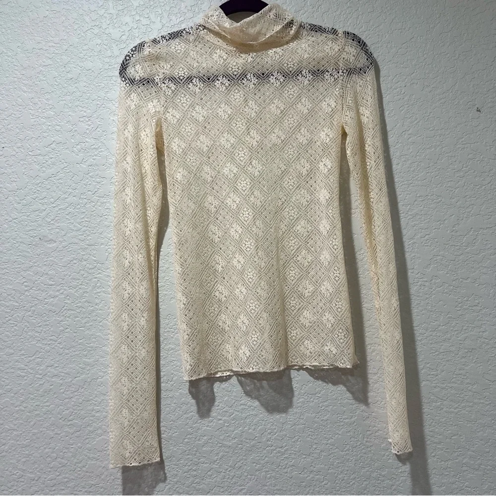 Free People Sweet Memories Ivory Sheer Lace Turtleneck Top Size Small
